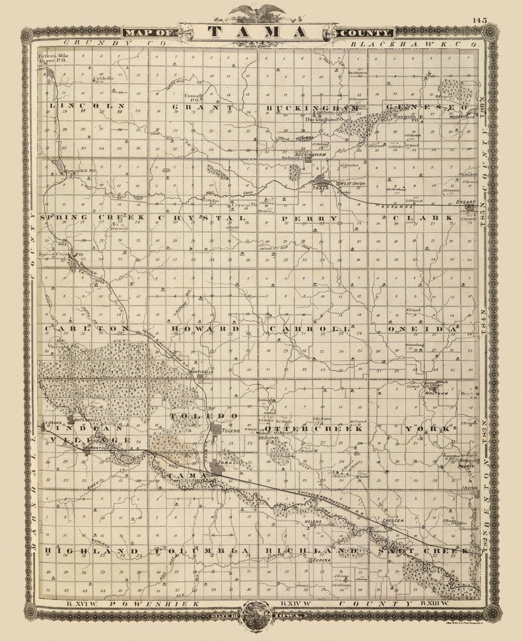 Vintage Map of Tama County, Iowa 1875