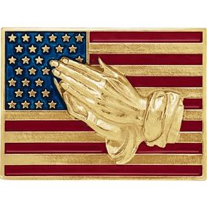 14K Yellow Gold with Red, White, Blue Epoxy American Flag with Praying Hands Lapel Pin