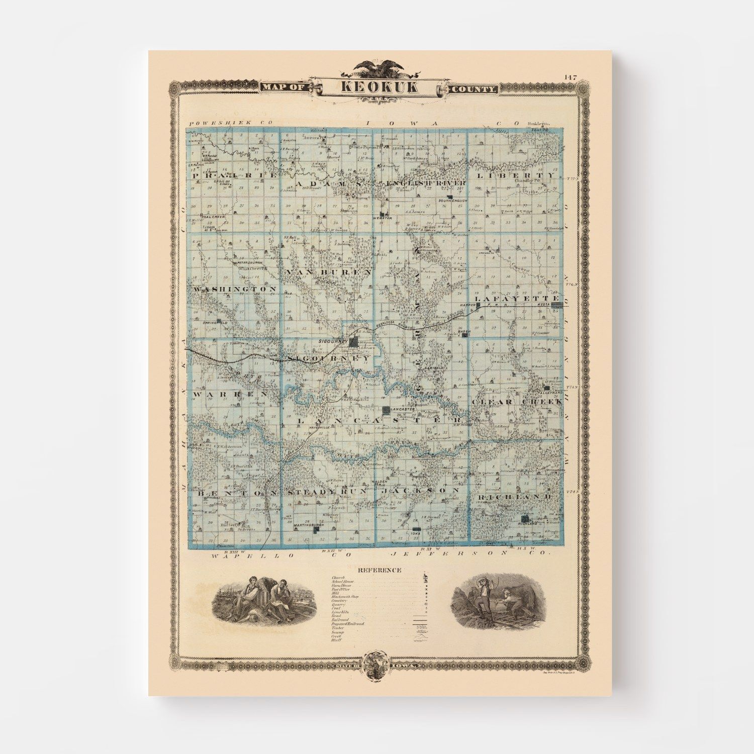 Vintage Map of Keokuk County, Iowa 1875