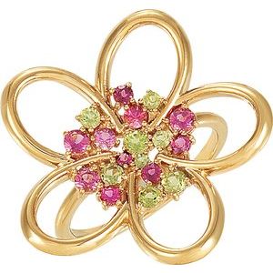 14K Yellow Gold Peridot & Natural Pink Tourmaline Floral Ring