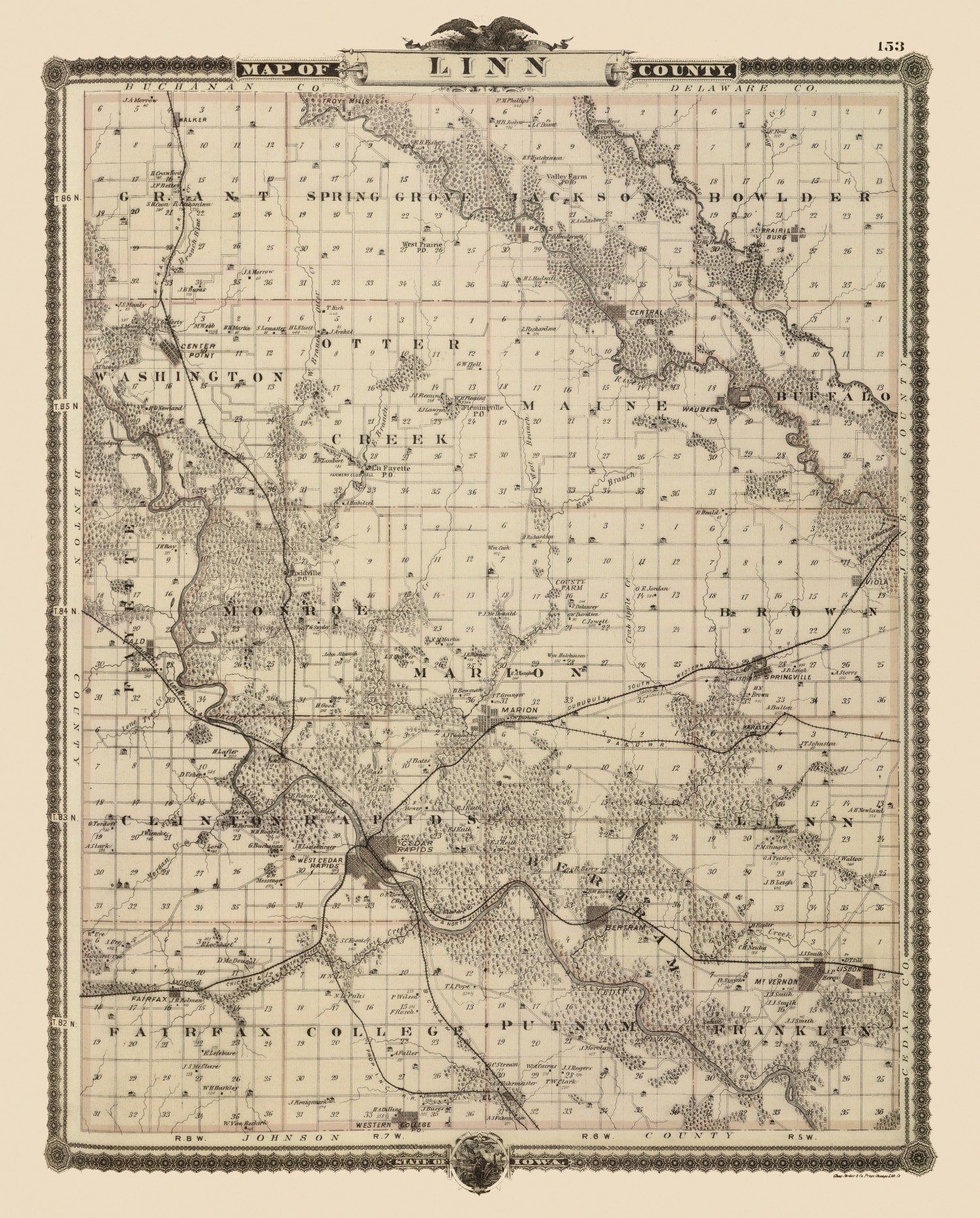 Vintage Map of Linn County, Iowa 1875