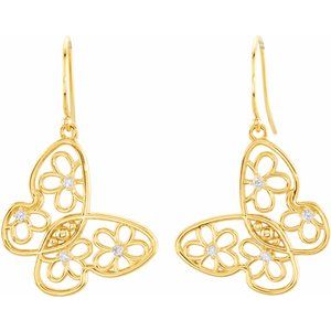 14K Yellow Gold 1/6 Natural Daimond Floral Butterfly Earrings – image 2