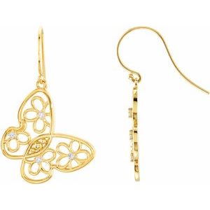 14K Yellow Gold 1/6 Natural Daimond Floral Butterfly Earrings
