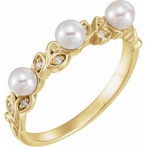 14K Yellow Gold Cultured White Seed Pearl & .03 CTW Natural Diamond Ring