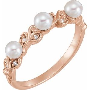 14K Rose Gold Cultured White Seed Pearl & .03 CTW Natural Diamond Ring