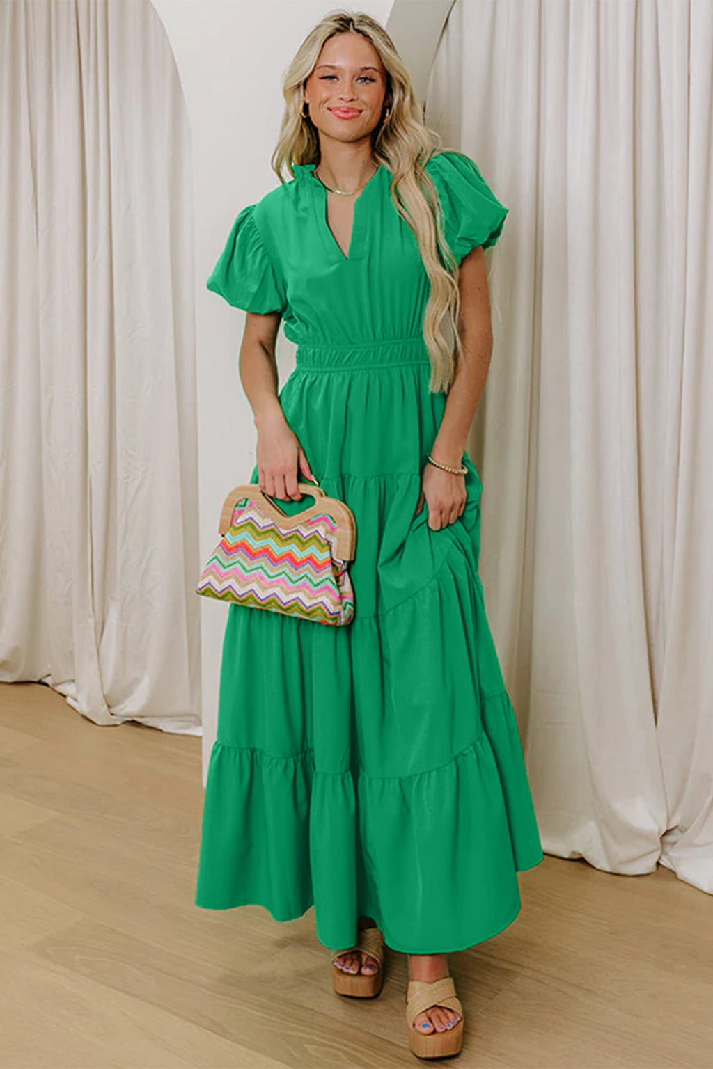 Solid V-Neck Short Puff Sleeve Tiered Maxi Dress
