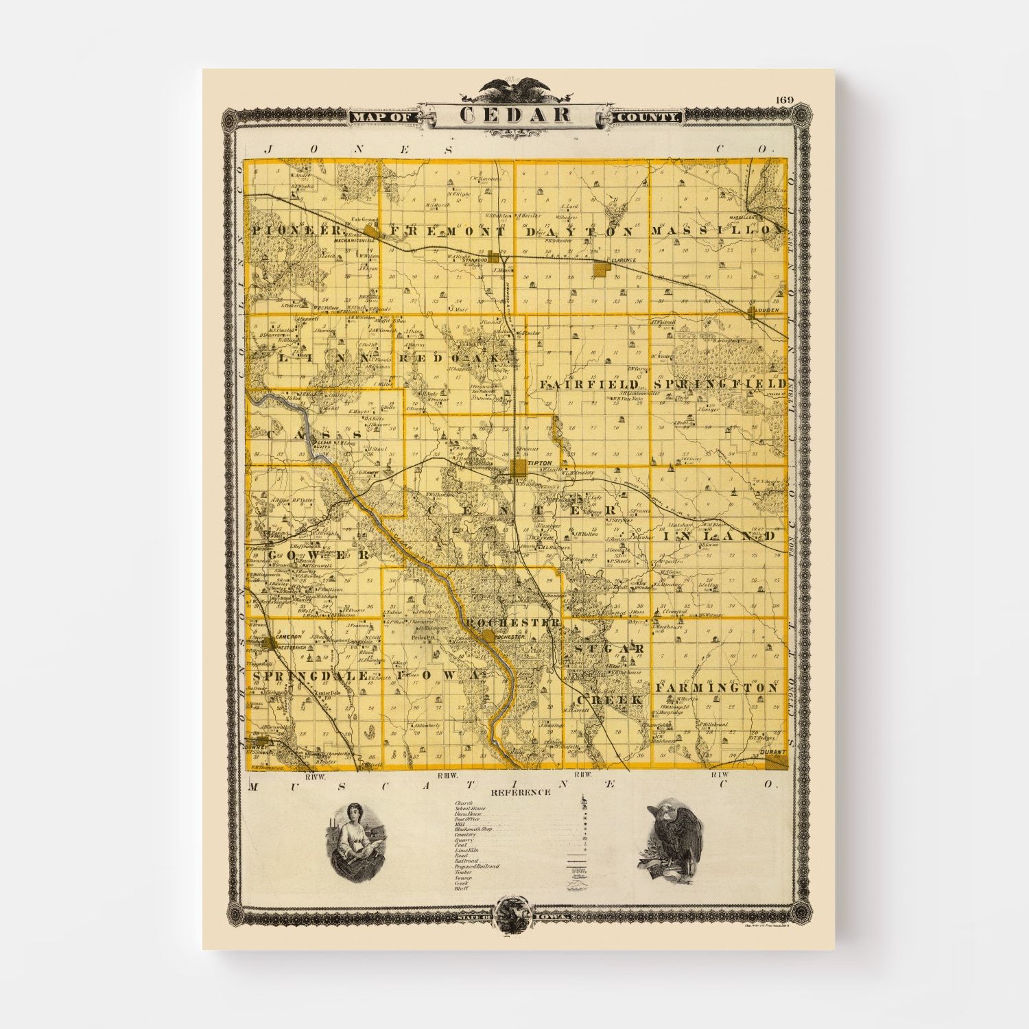 Vintage Map of Cedar County, Iowa 1875