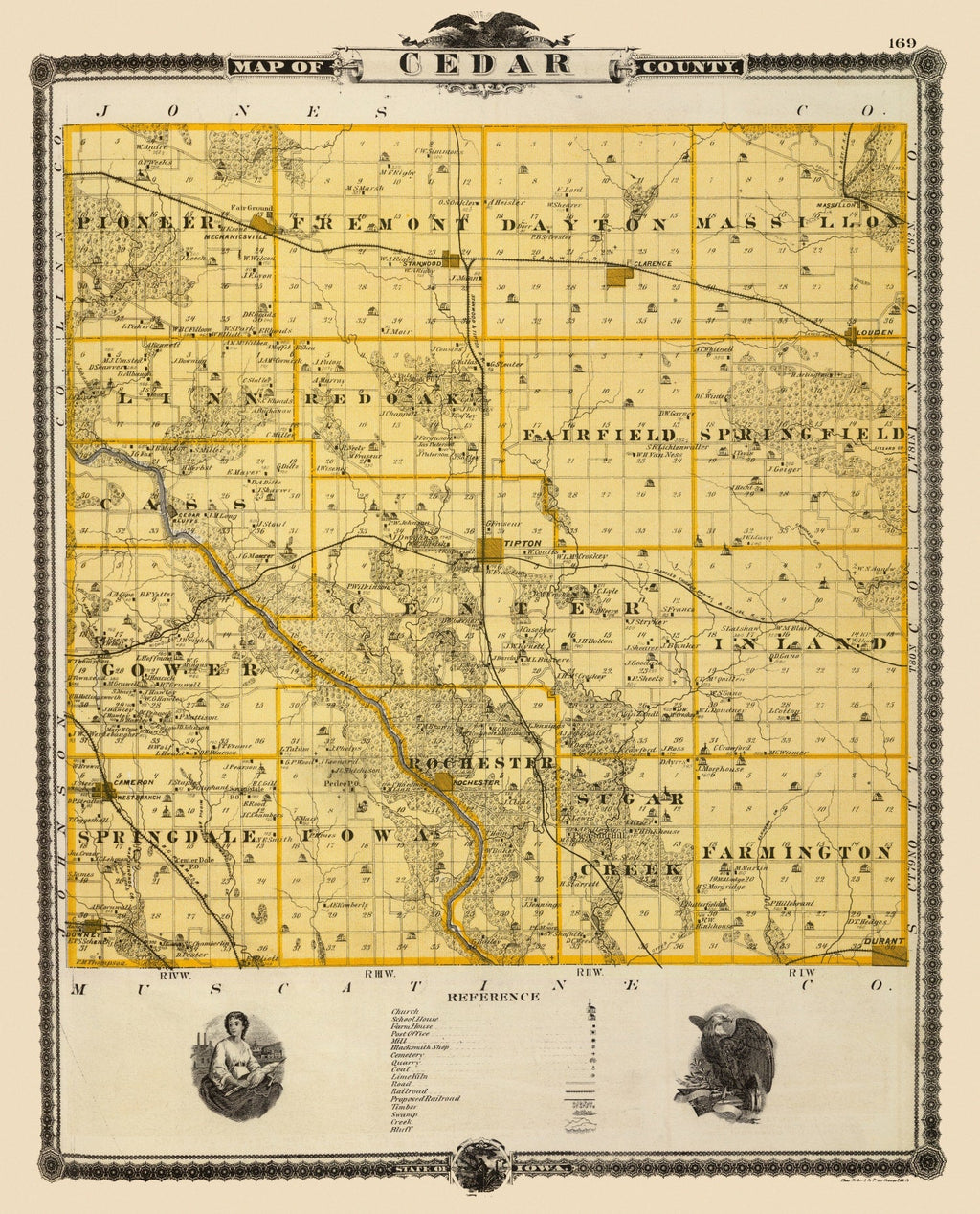 Vintage Map of Cedar County, Iowa 1875