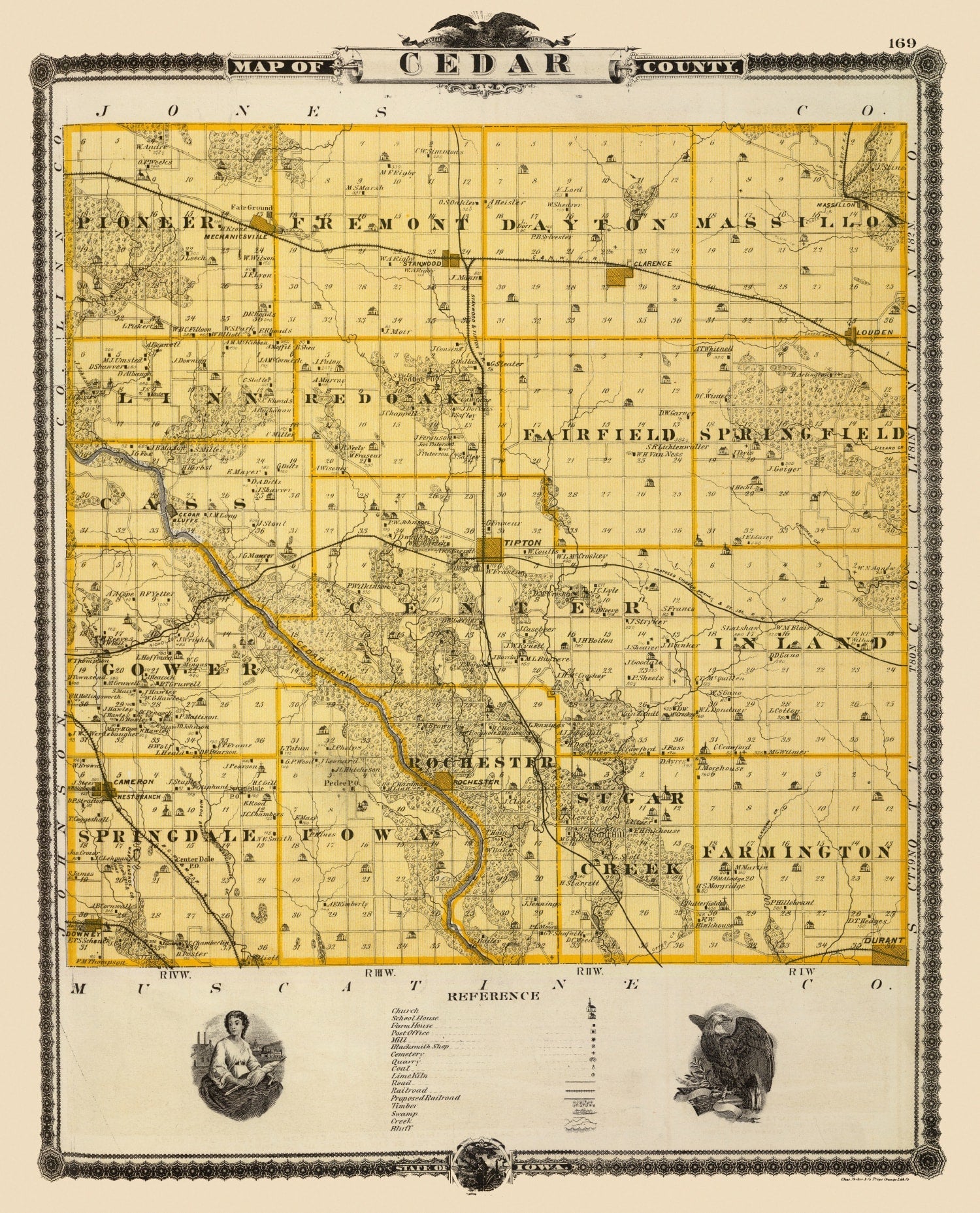 Vintage Map of Cedar County, Iowa 1875