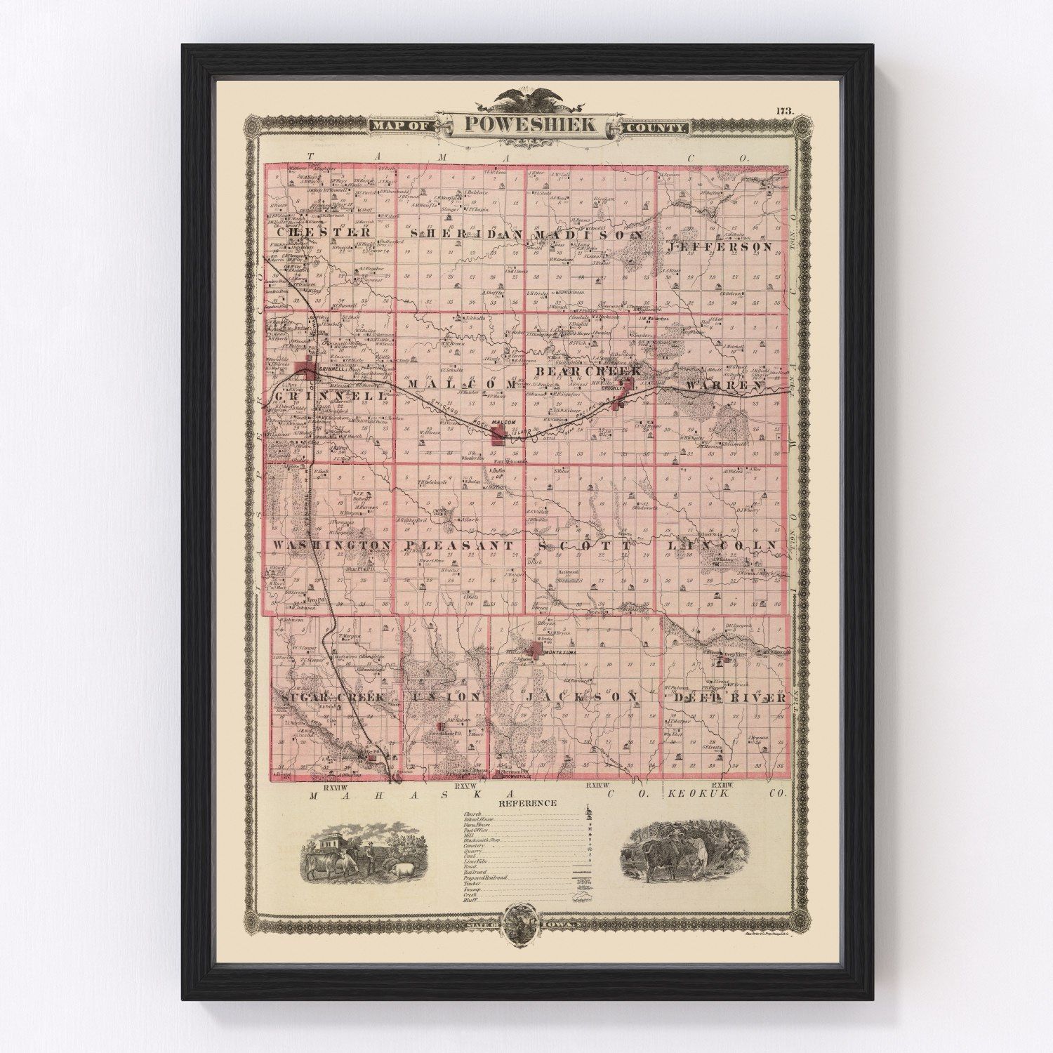 Vintage Map of Poweshiek County, Iowa 1875