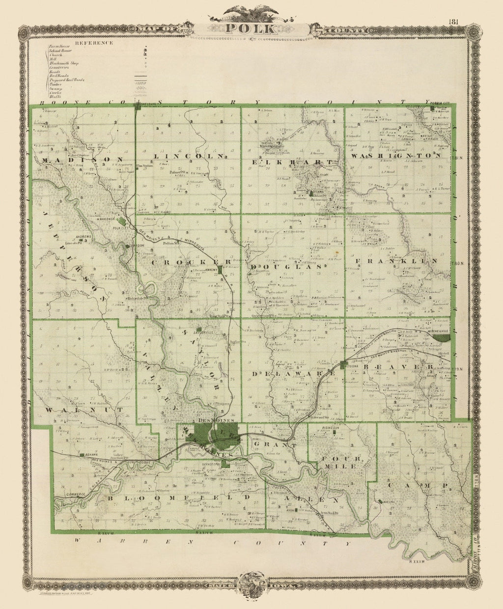 Vintage Map of Polk County, Iowa 1875