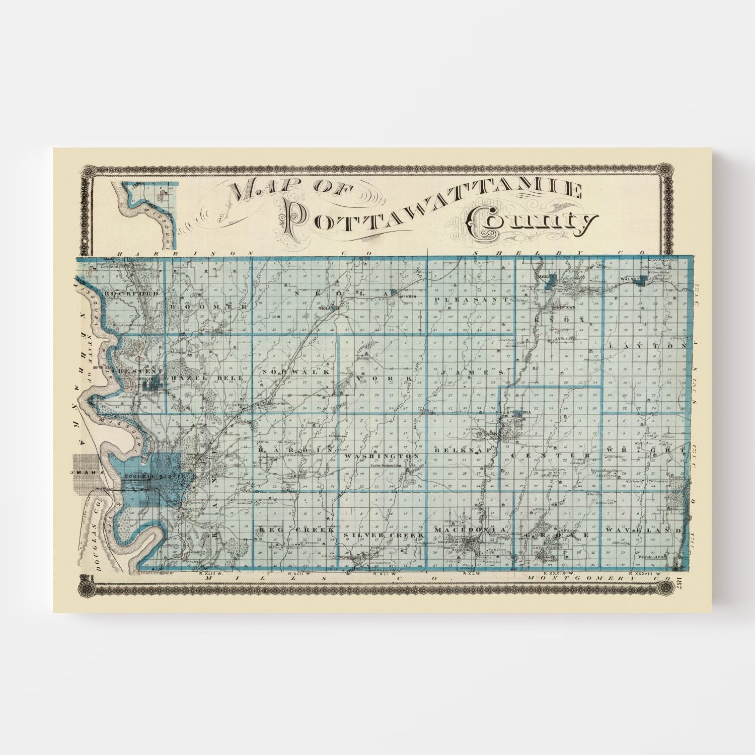 Vintage Map of Pottawattamie County, Iowa 1875