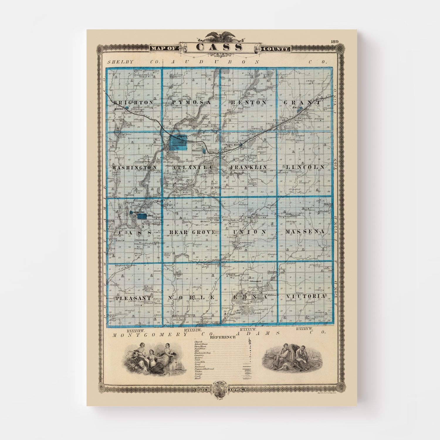 Vintage Map of Cass County, Iowa 1875
