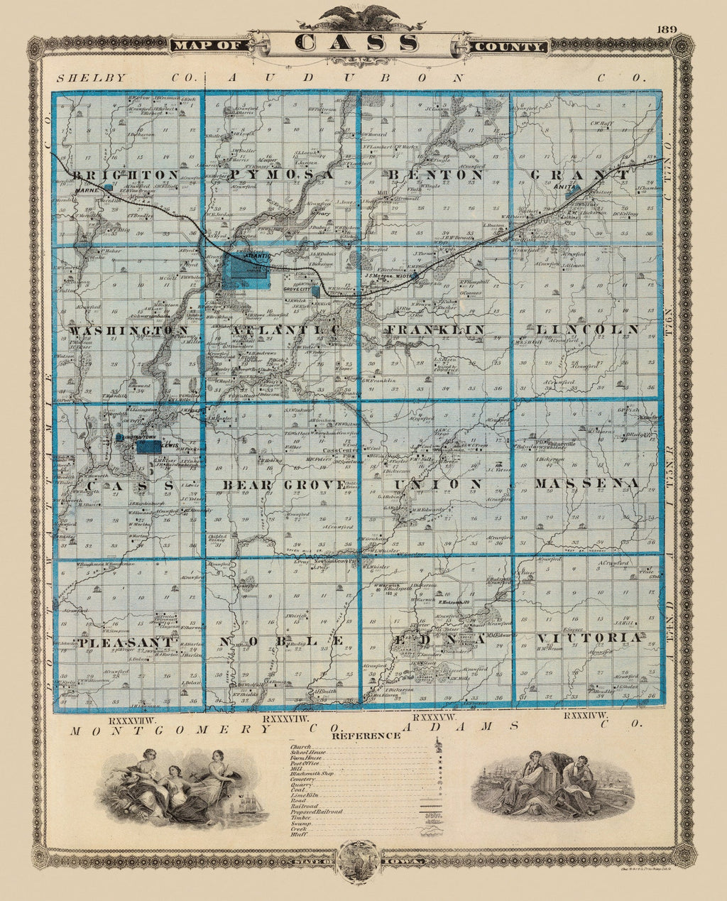 Vintage Map of Cass County, Iowa 1875