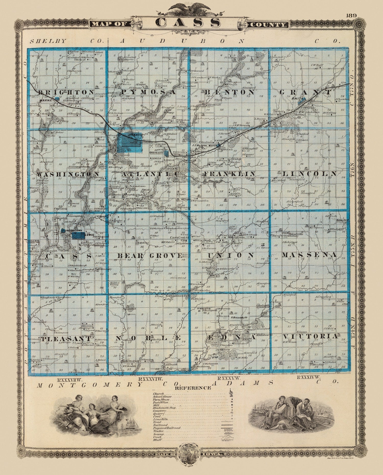 Vintage Map of Cass County, Iowa 1875