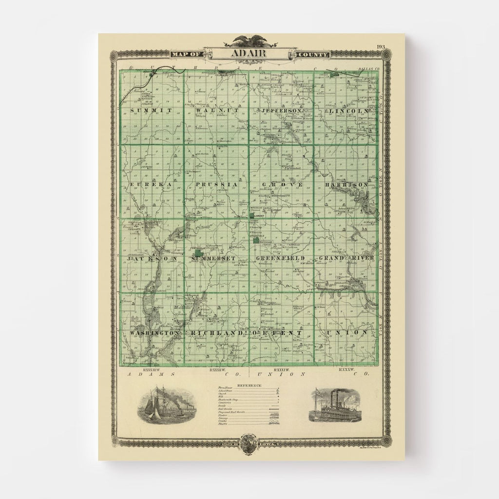 Vintage Map of Adair County, Iowa 1875