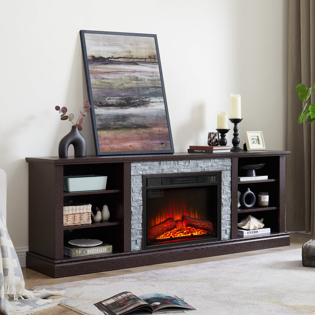 Large TV Desk Storage Rack with Faux Stacked Stone Surround,Media Console Table with Large Storage Cabinet,Modern  TV Media Stand with 23' Fireplace Insert,Cherry, 70.12'W*15.35'D*25.83'H