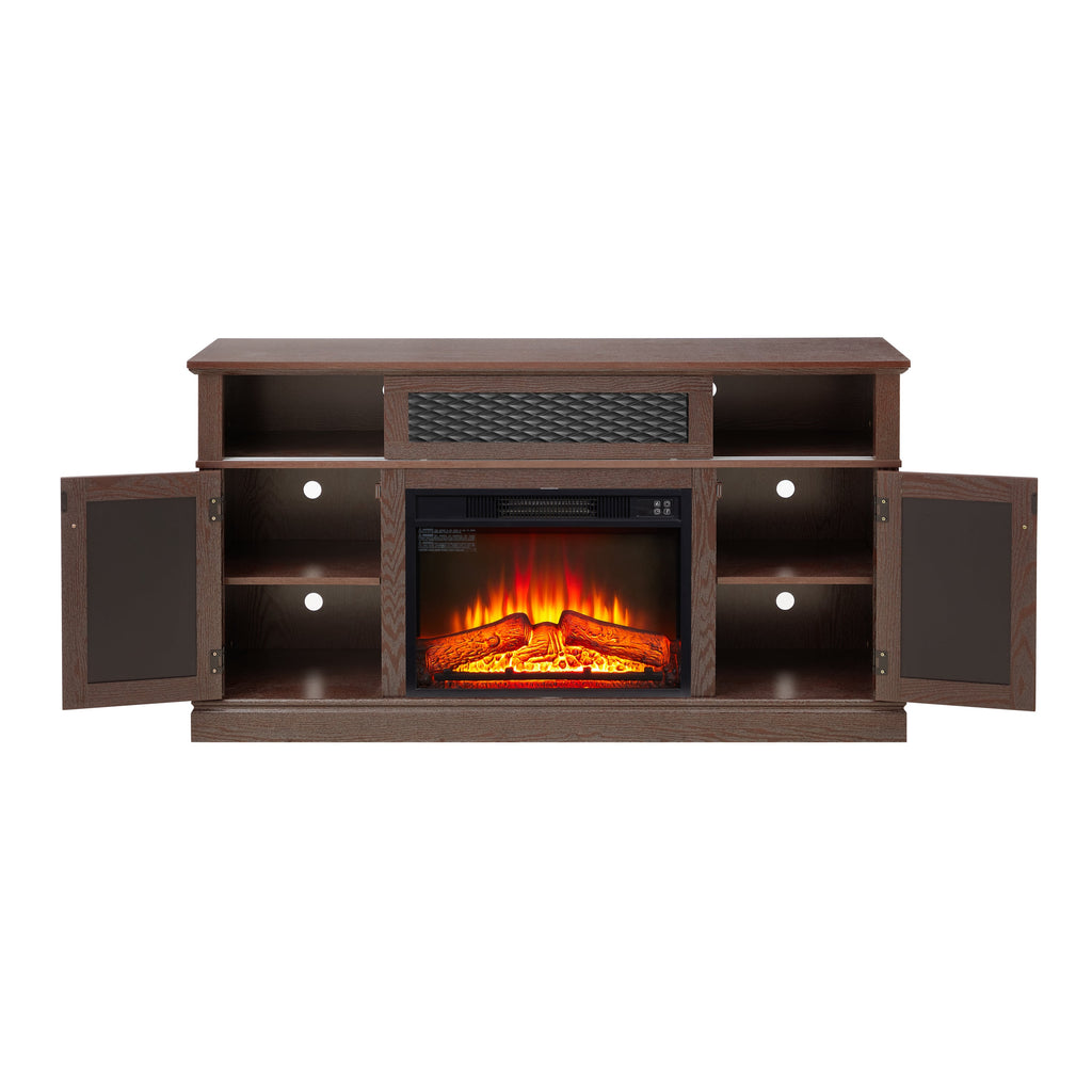 Embossed Pattern TV Stand with 23' fireplace insert,, TV and Media Console with Open and Closed Storage Space and sliding door for Living Room & Bedroom, Dark Cherry, 58.27'W*15.35'W*31.7H