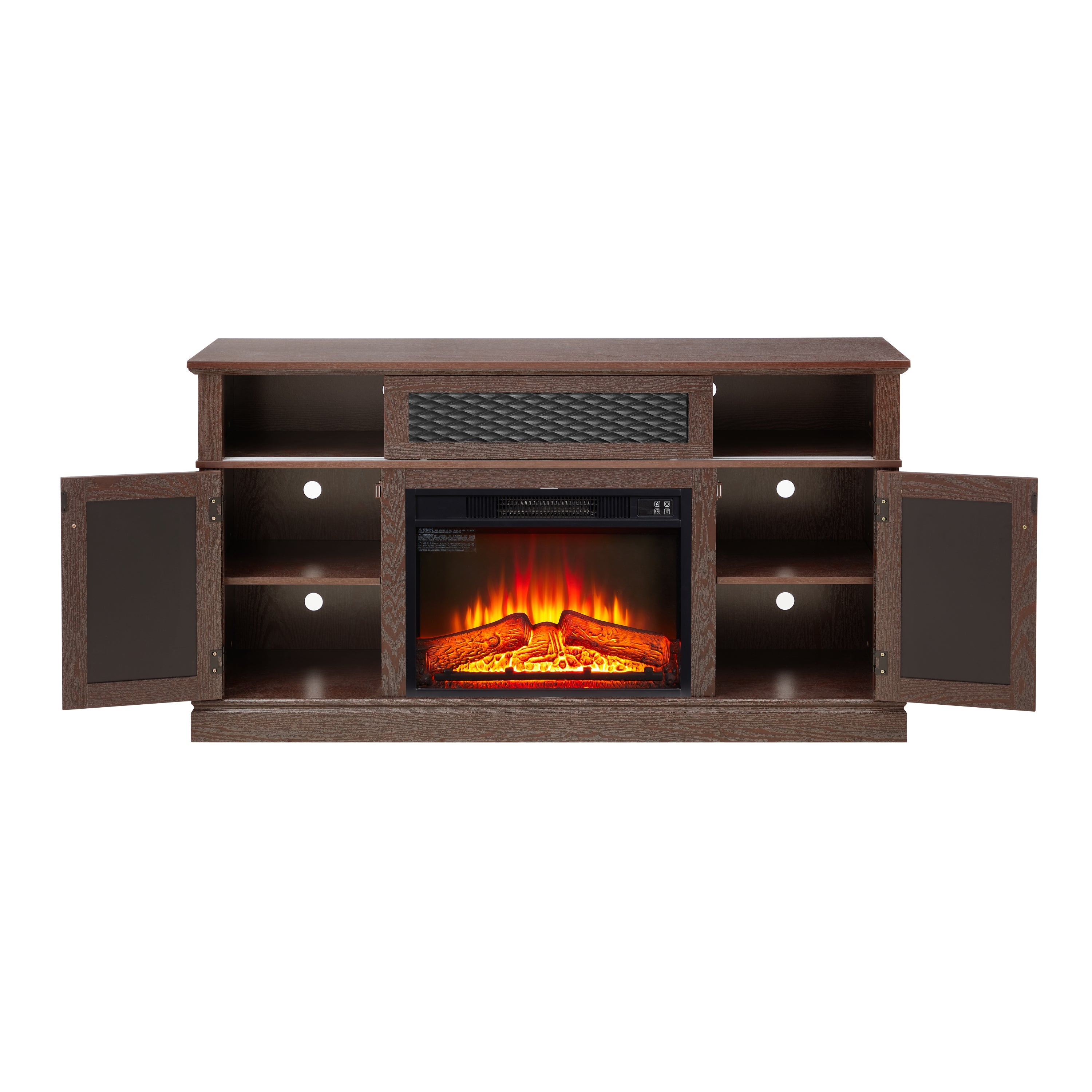 Embossed Pattern TV Stand with 23' fireplace insert,, TV and Media Console with Open and Closed Storage Space and sliding door for Living Room & Bedroom, Dark Cherry, 58.27'W*15.35'W*31.7H