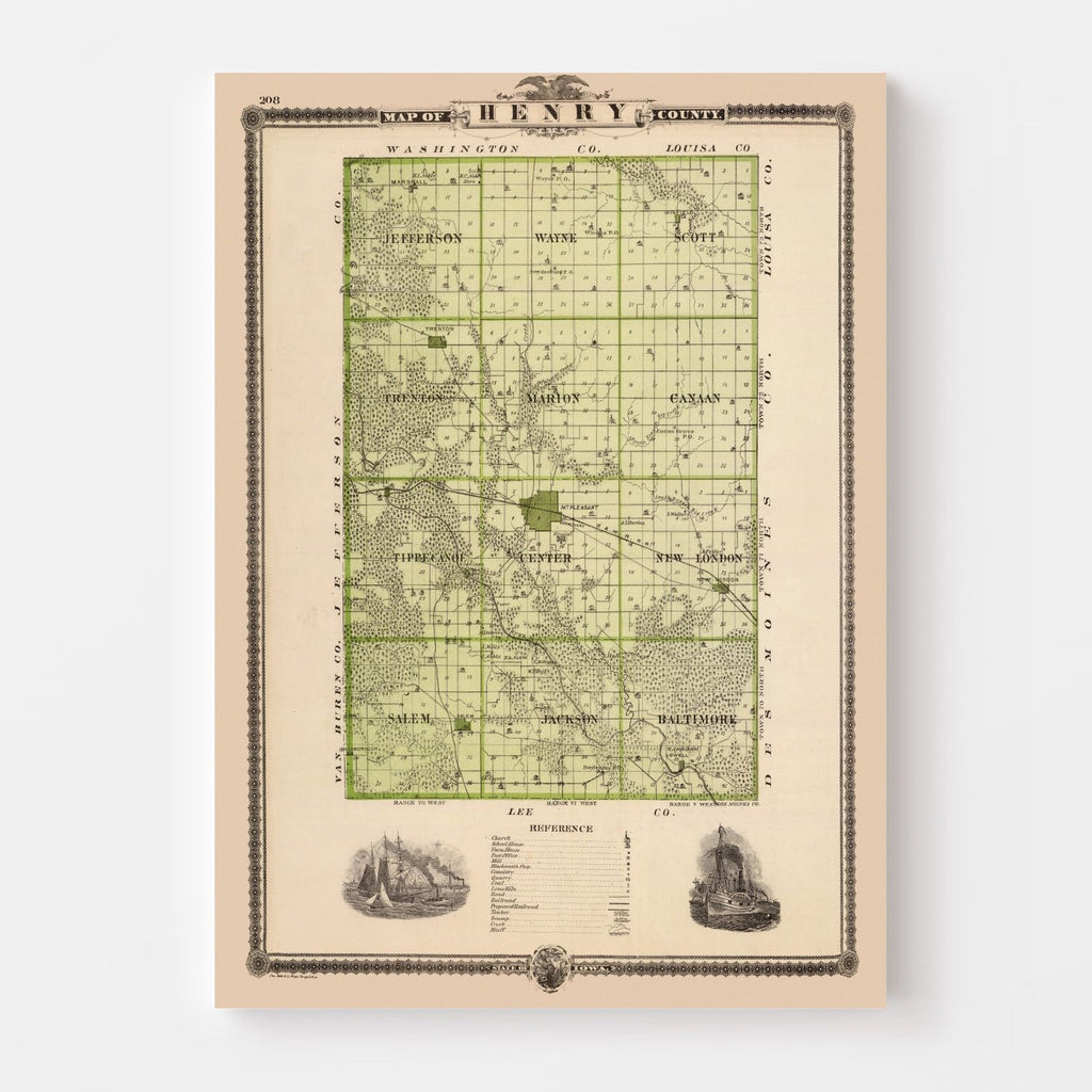 Vintage Map of Henry County, Iowa 1875