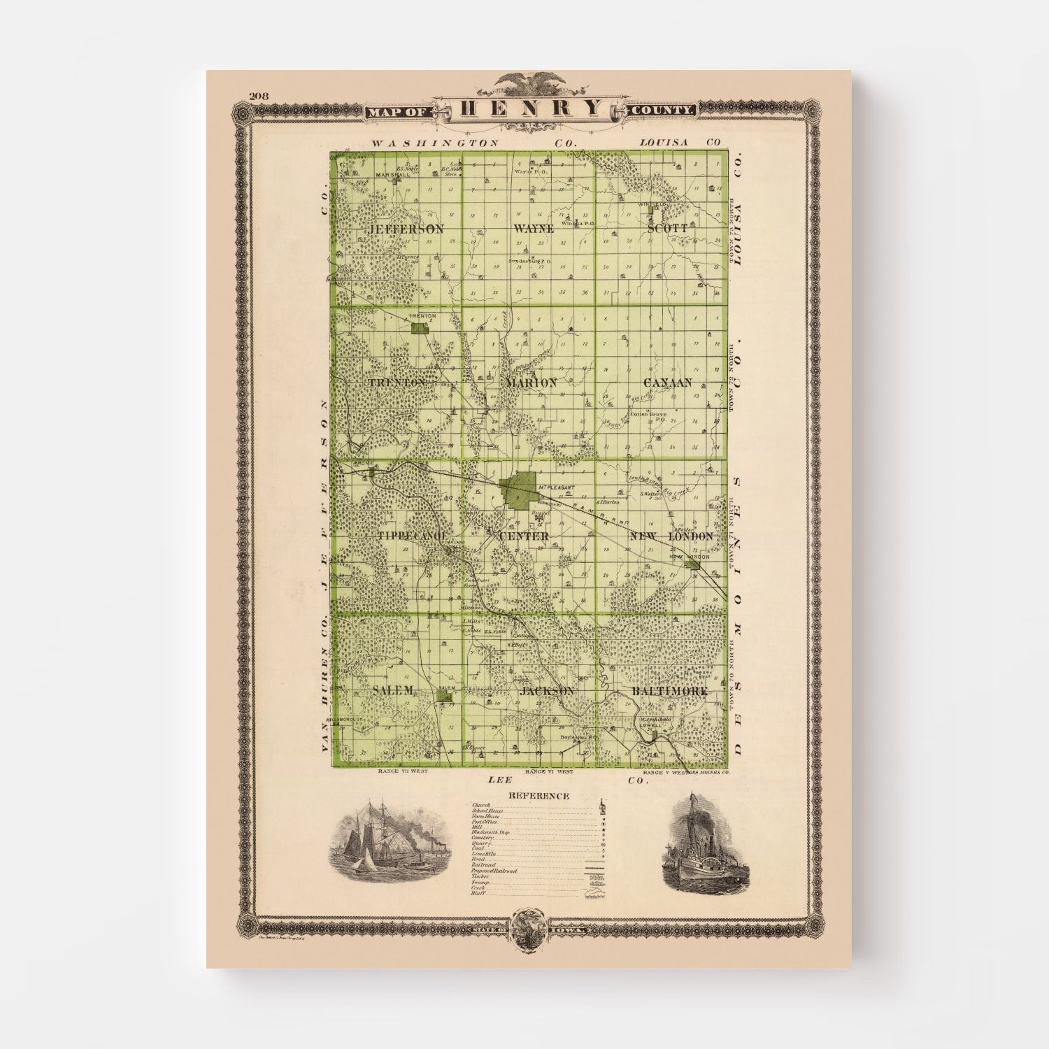 Vintage Map of Henry County, Iowa 1875