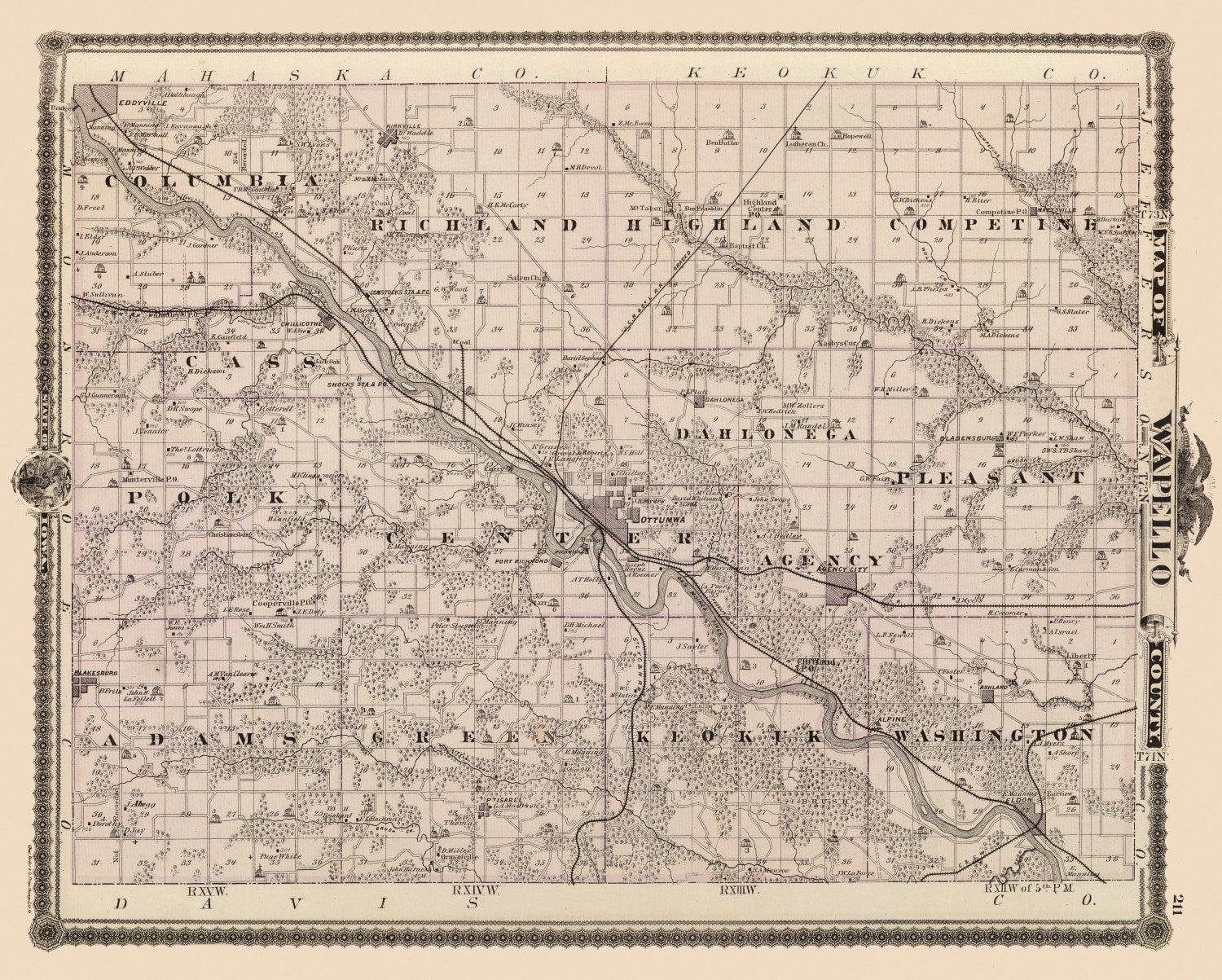 Vintage Map of Wapello County, Iowa 1875