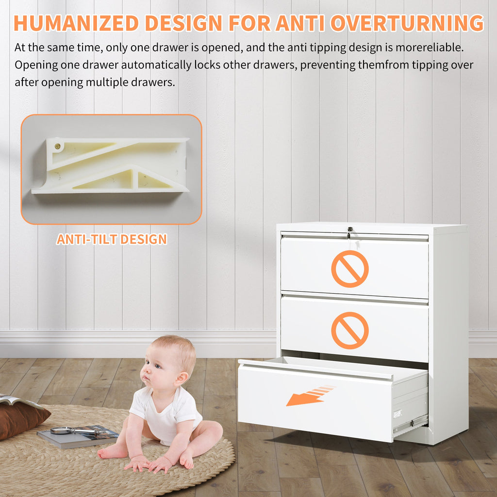 Modern White 3-Drawer Lateral File Cabinet with Lock for Home Office, Metal Filing Cabinet for Legal/Letter/A4/F4 Files