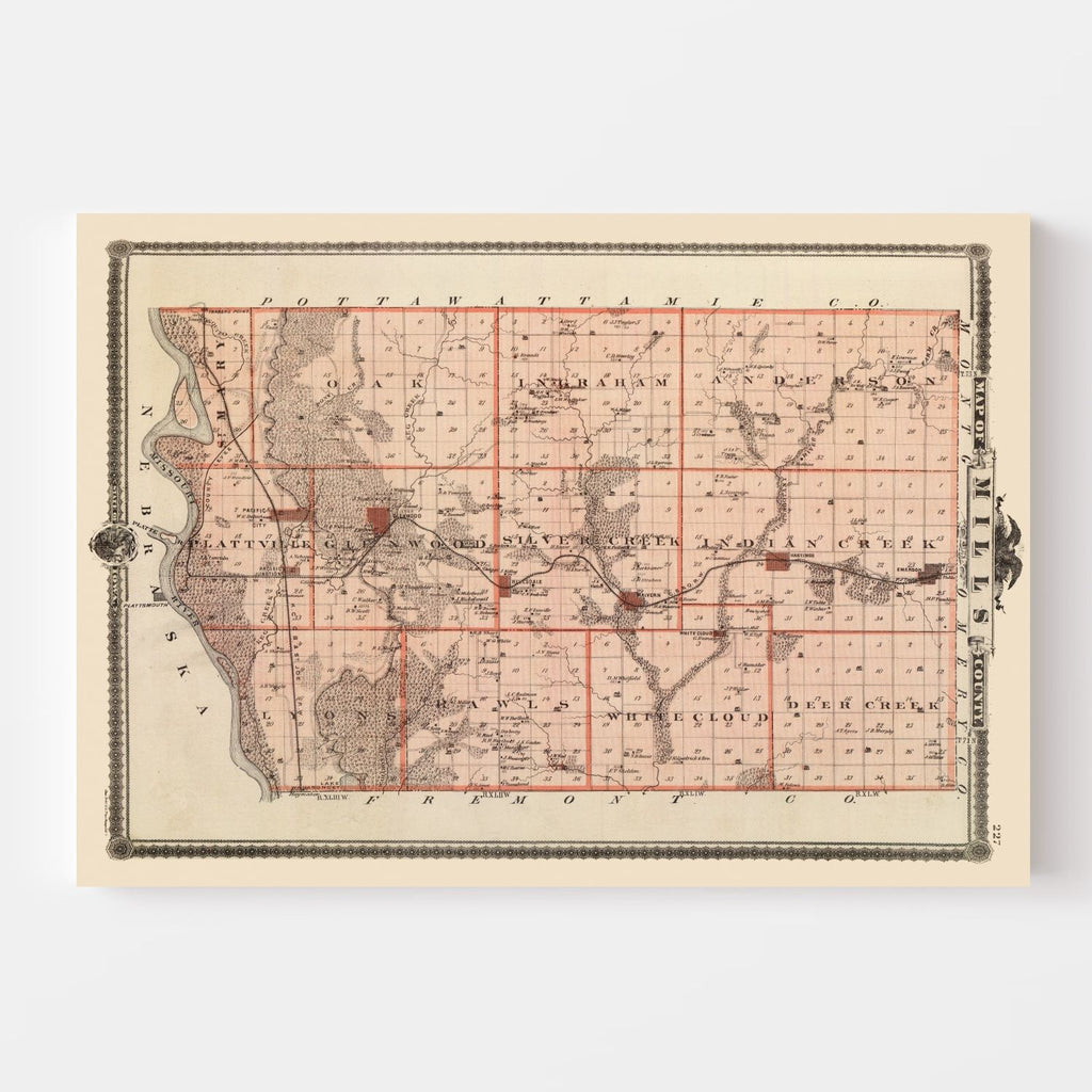 Vintage Map of Mills County, Iowa 1875