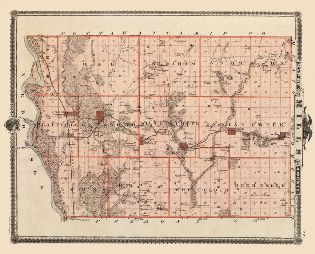 Vintage Map of Mills County, Iowa 1875