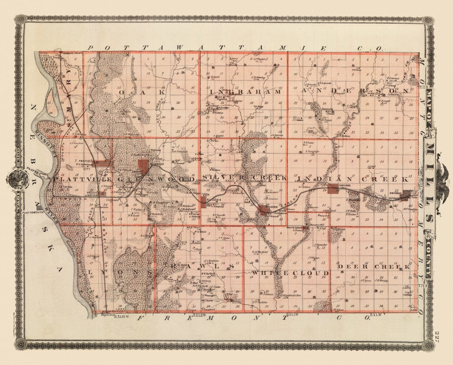 Vintage Map of Mills County, Iowa 1875