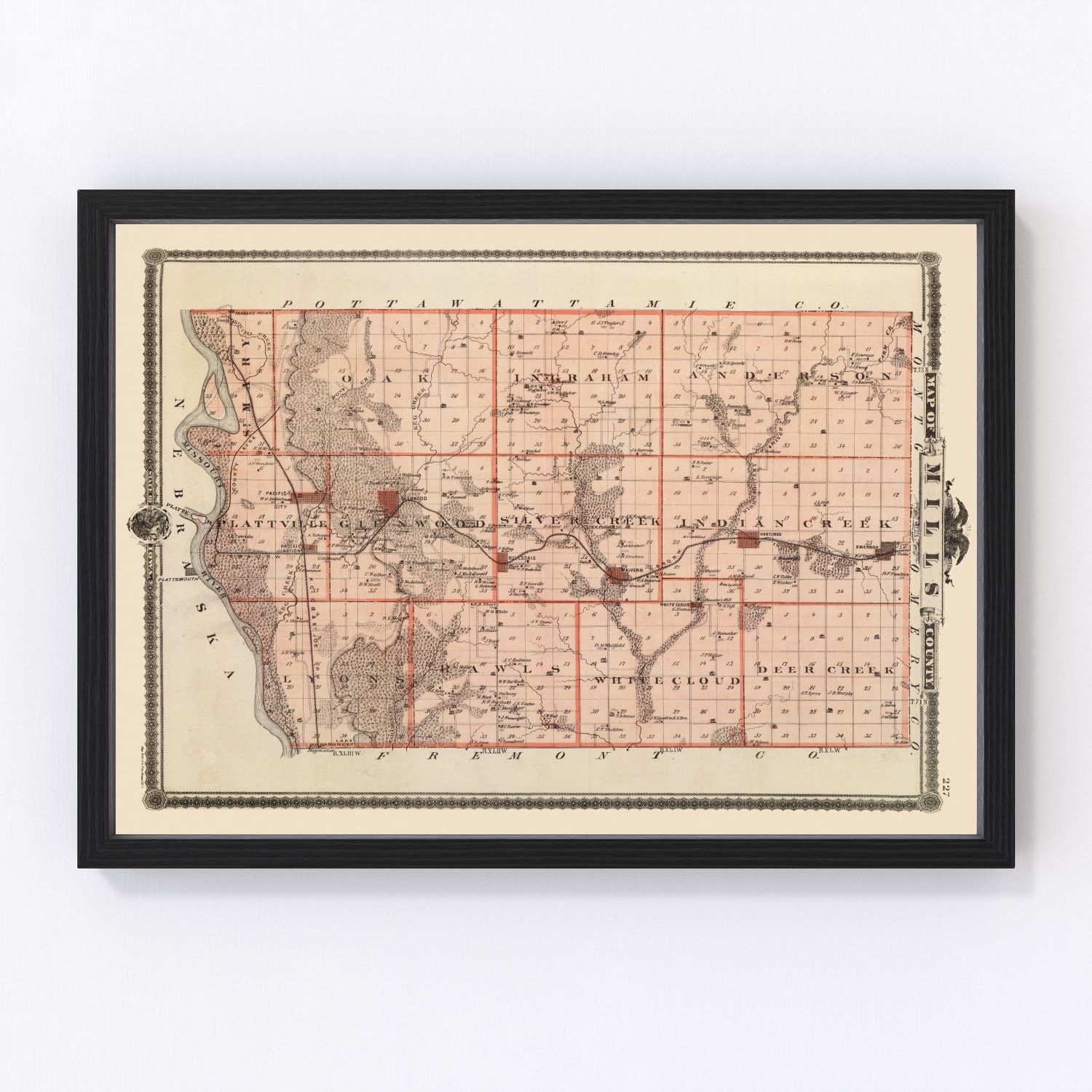 Vintage Map of Mills County, Iowa 1875