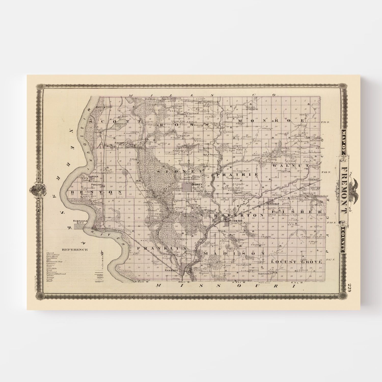 Vintage Map of Fremont County, Iowa 1875