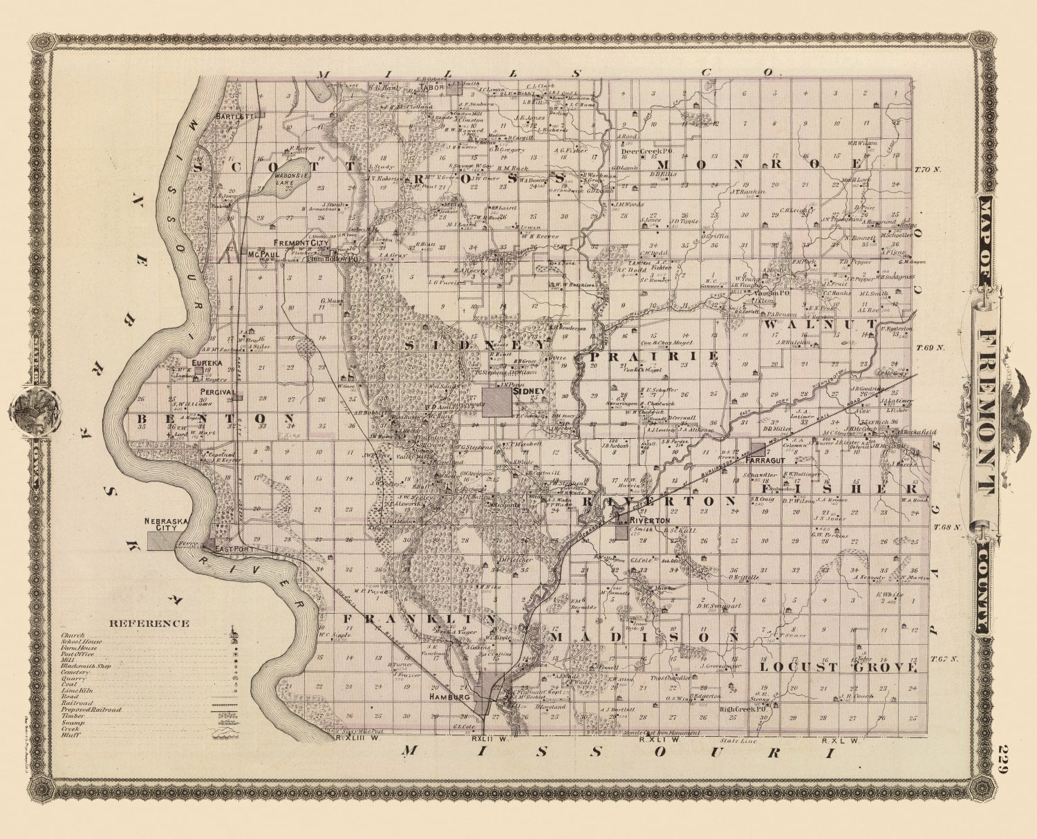 Vintage Map of Fremont County, Iowa 1875