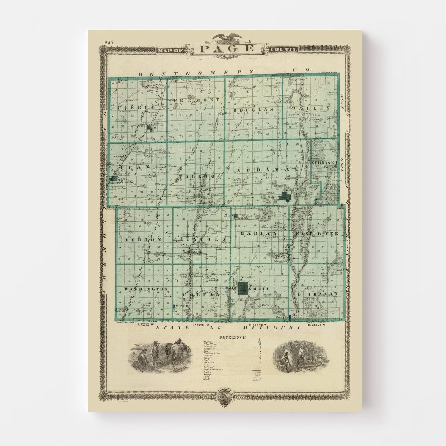 Vintage Map of Page County, Iowa 1875