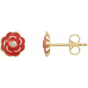 10K Yellow Gold .01 CTW Natural Diamond Enamel Flower Earrings