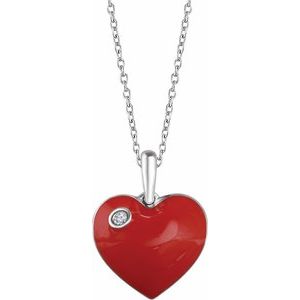 Sterling Silver .02 CT Natural Diamond Red Enamel Heart 16-18" Necklace