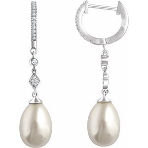 14K White Gold Cultured White Freshwater Pearl & 1/6 CTW Natural Diamond Earrings