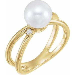 14K Yellow Gold Cultured White Freshwater Pearl & .04 CTW Natural Diamond Ring