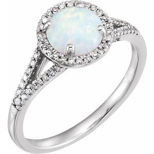14K White Gold Created Opal & 1/6 CTW Natural Diamond Ring