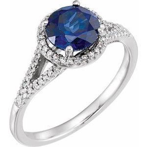 14K White Gold Lab-Grown Blue Sapphire & 1/6 CTW Natural Diamond Ring