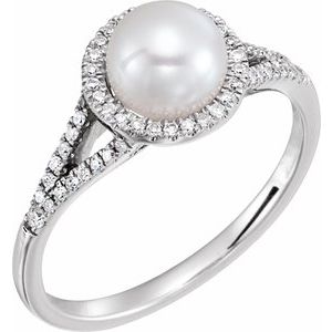 14K White Gold Cultured White Freshwater Pearl & 1/6 CTW Natural Diamond Ring