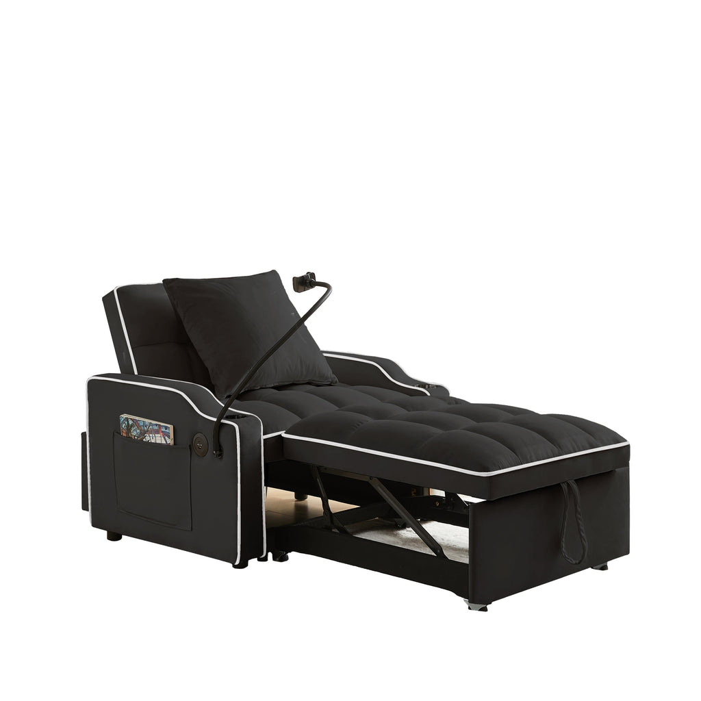 Convertible 3-in-1 Sofa Bed with Multi-Pockets and Adjustable Sleeper in Black Velvet