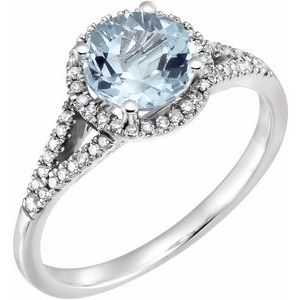 14K White Gold Natural Aquamarine & 1/6 CTW Natural Diamond Ring