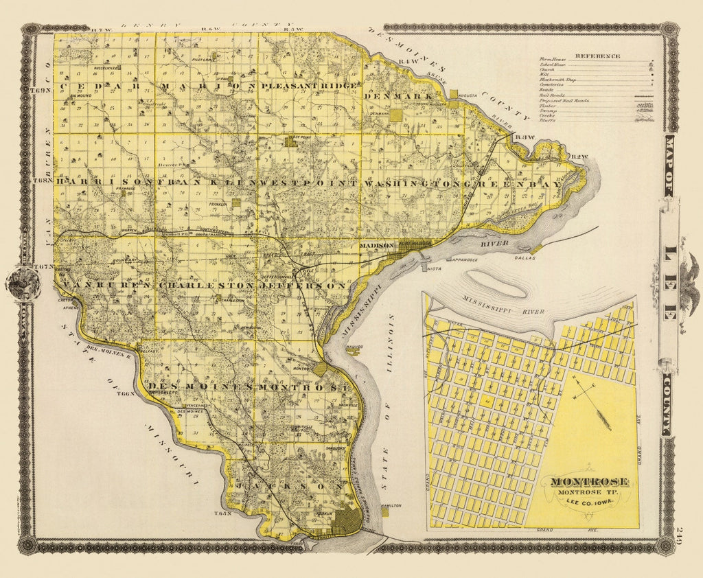 Vintage Map of Lee County, Iowa 1875