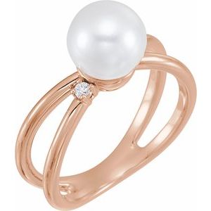 14K Rose Gold Cultured White Freshwater Pearl & .04 CTW Natural Diamond Ring