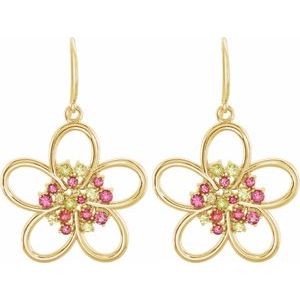 14K Yellow Gold Natual Peridot & Natual Pink Tourmaline Flower Earrings – image 2