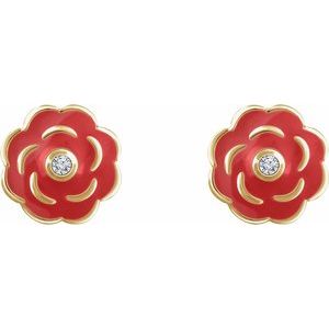 10K Yellow Gold .01 CTW Natural Diamond Enamel Flower Earrings – image 2
