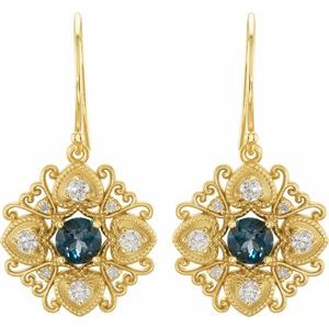 14K Yellow Gold Natural London Blue Topaz & 1/2 CTW Natural Diamond Earrings – image 2