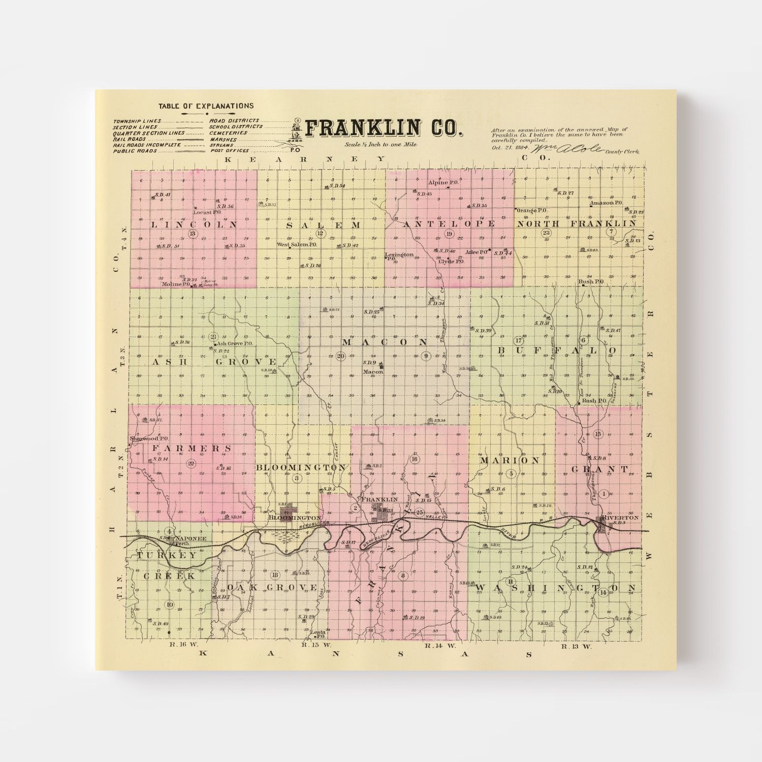 Vintage Map of Franklin County, Nebraska 1885