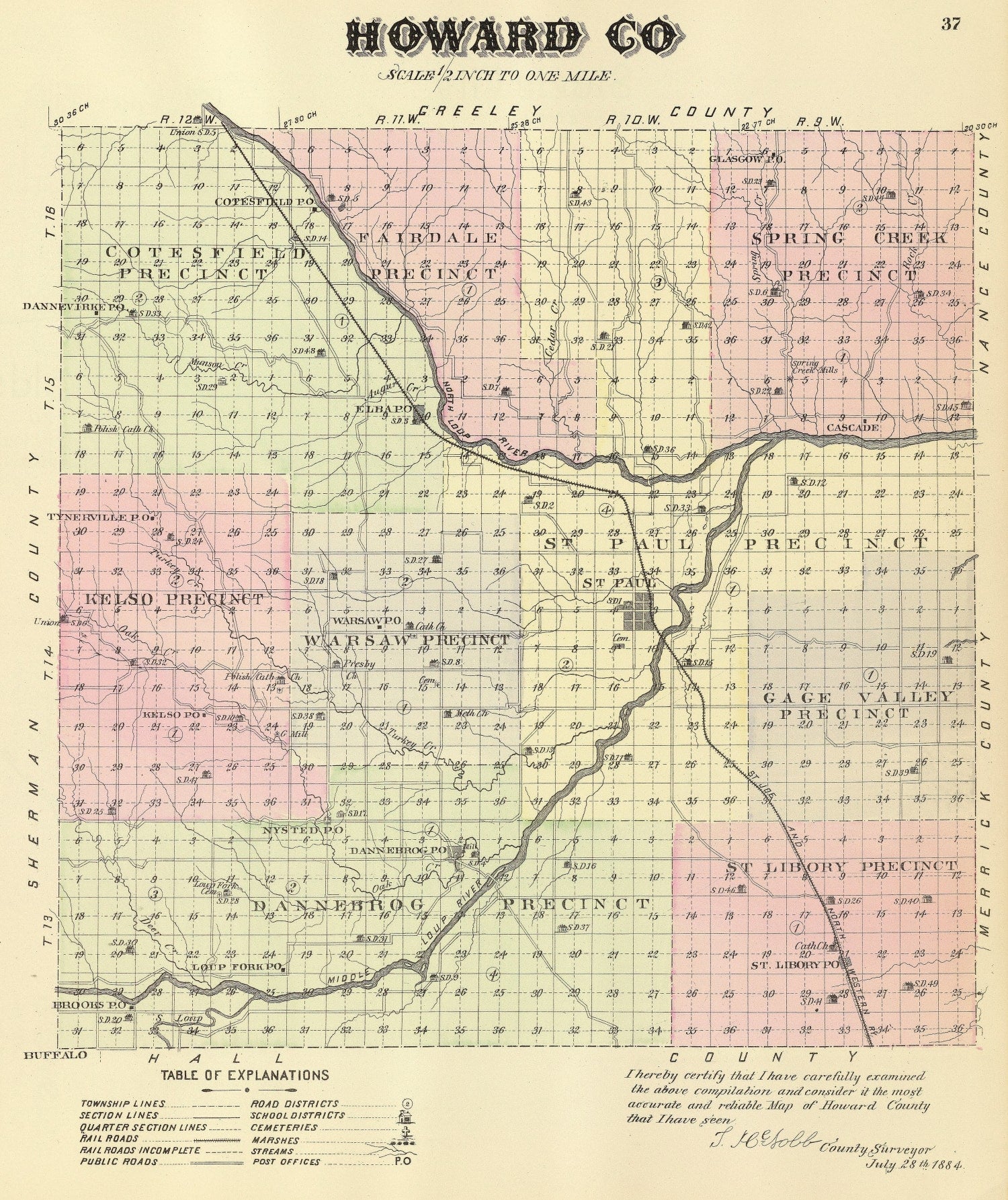 Vintage Map of Howard County, Nebraska 1885